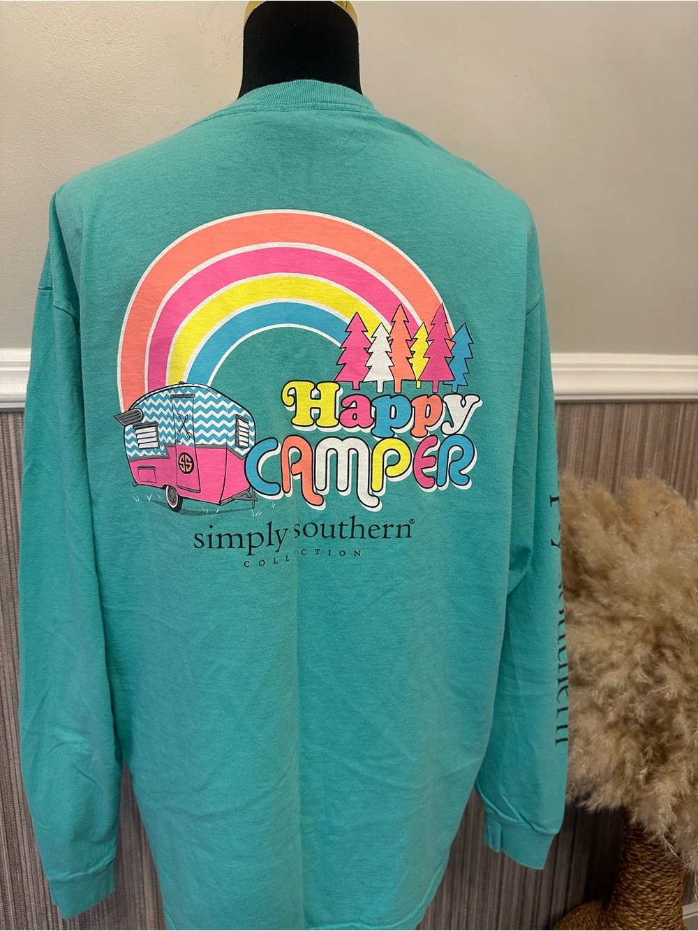 Simply Southern Happy Camper Rainbow Camping Long Sleeve Graphic Tee Large